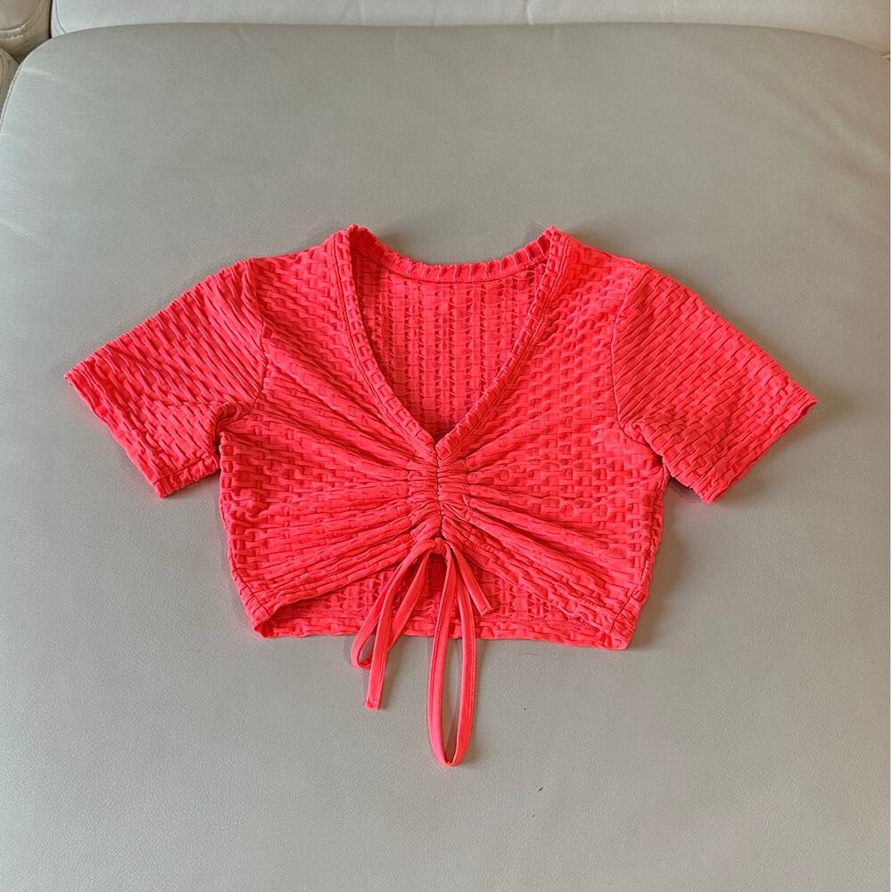 Neon Pink Ruched Front Tie Activewear Top